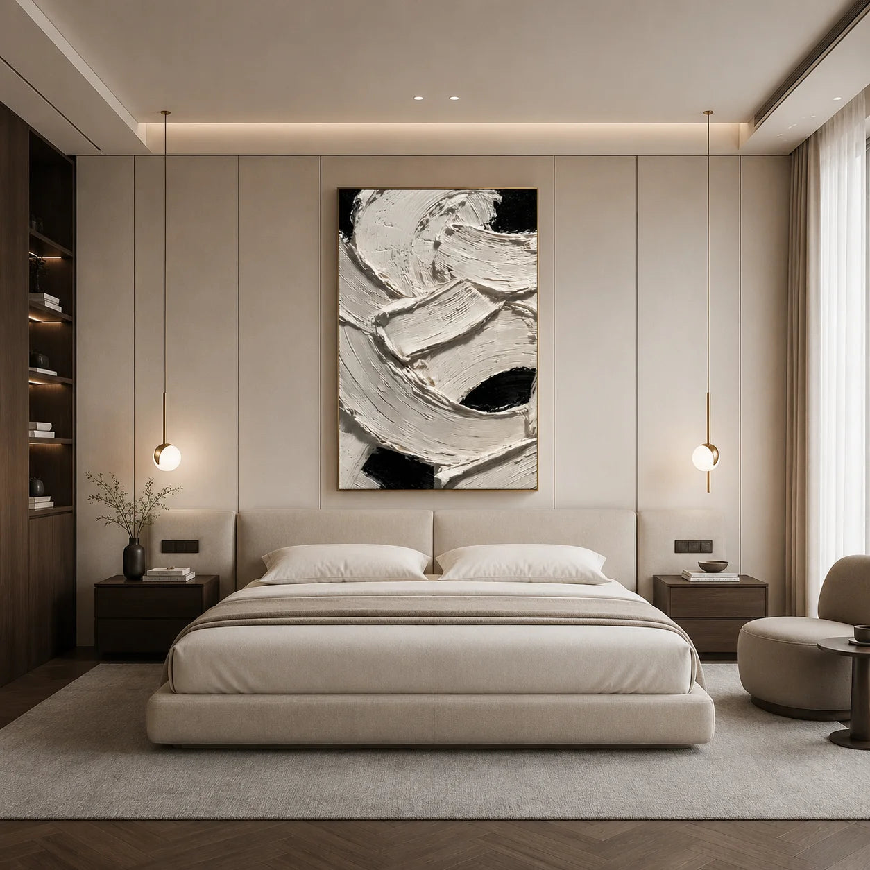Ownanart Original Hand-Painted Black and White Textured Abstract Oil Painting, Vertical Minimalist Impasto Canvas Wall Art for Modern Living Room, Bedroom and Luxury Interior Decor # OA 1225