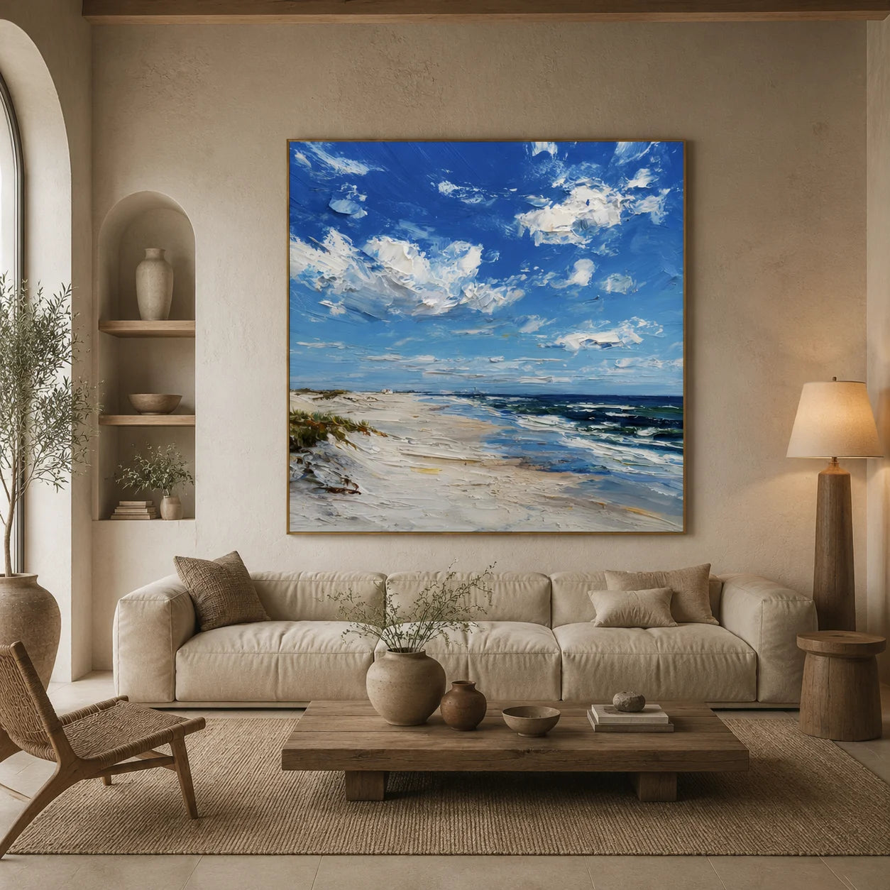 Ownanart Original Hand-Painted Blue Coastal Beach Impasto Oil Painting, Ocean Waves and Cloudy Sky Textured Wall Art for Modern Home Decor # OA 1252