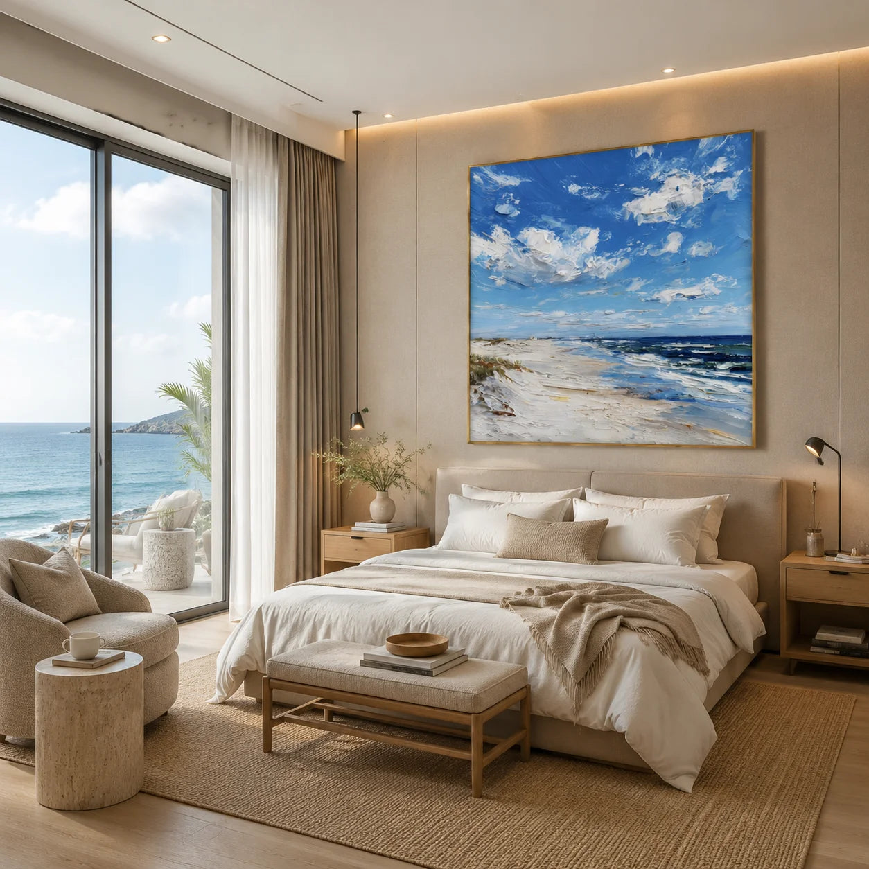 Ownanart Original Hand-Painted Blue Coastal Beach Impasto Oil Painting, Ocean Waves and Cloudy Sky Textured Wall Art for Modern Home Decor # OA 1252