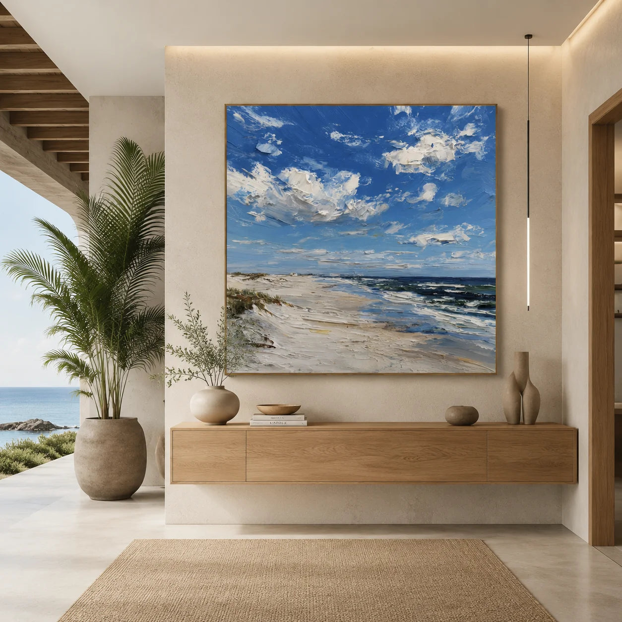 Ownanart Original Hand-Painted Blue Coastal Beach Impasto Oil Painting, Ocean Waves and Cloudy Sky Textured Wall Art for Modern Home Decor # OA 1252