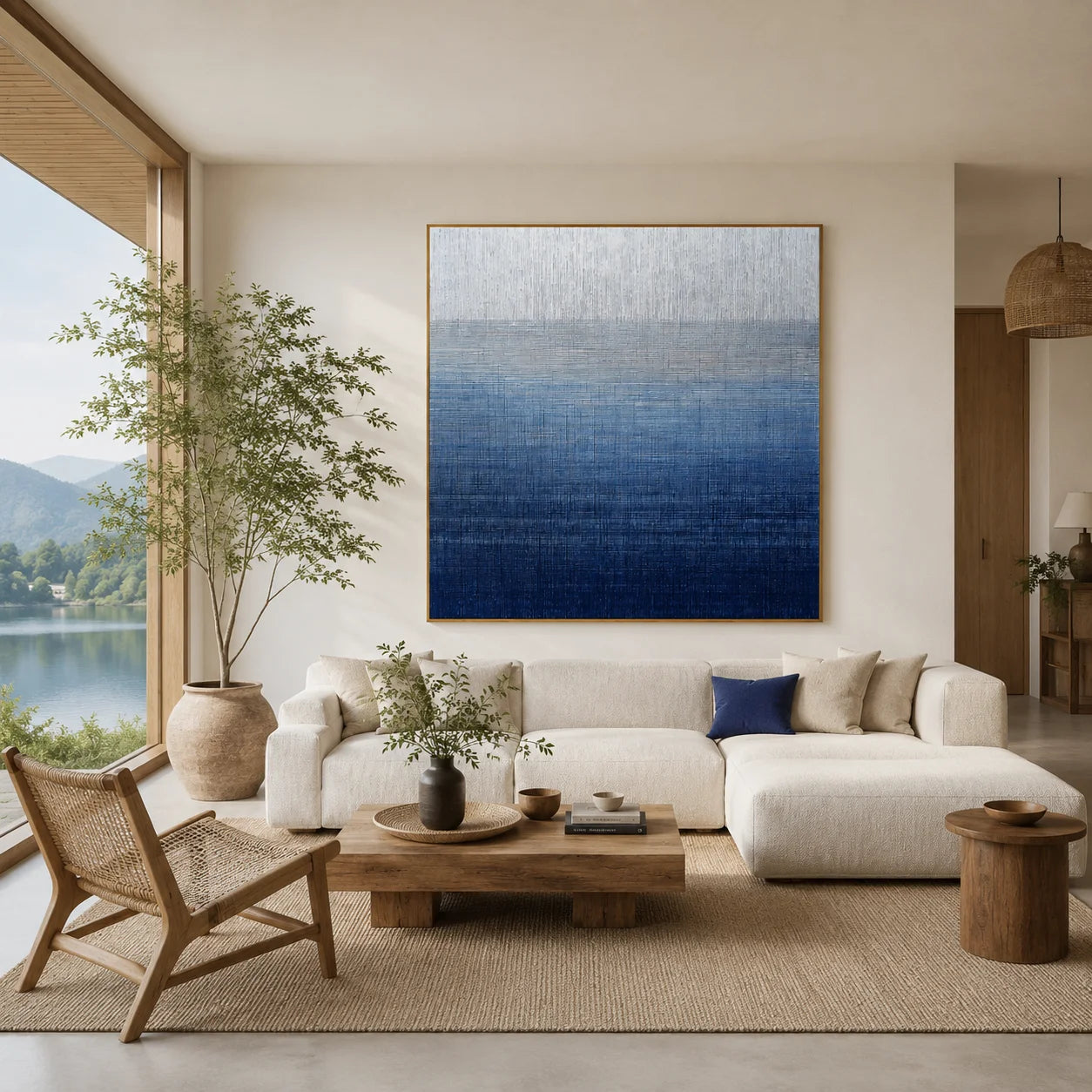 Ownanart Original Hand-Painted Blue Gradient Abstract Oil Painting, Modern Minimalist Layered Textured Wall Art for Living Room, Bedroom, and Office Decor # OA 1267