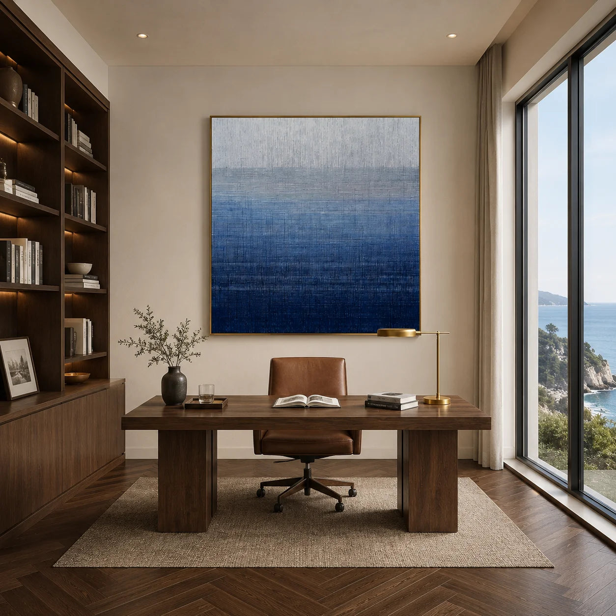 Ownanart Original Hand-Painted Blue Gradient Abstract Oil Painting, Modern Minimalist Layered Textured Wall Art for Living Room, Bedroom, and Office Decor # OA 1267