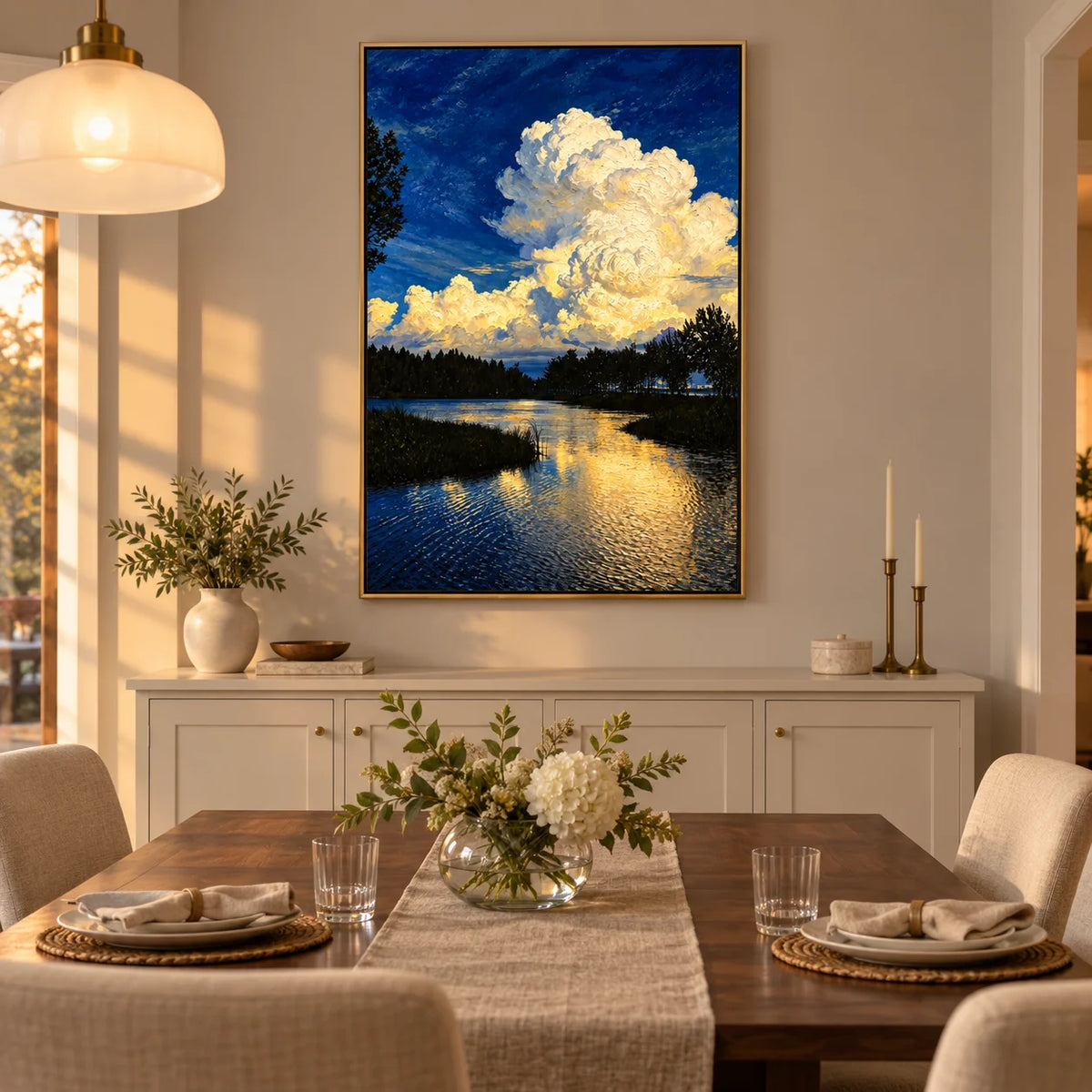 Ownanart Original Hand-Painted Blue Lake Landscape Oil Painting, Dramatic White Cloud Sky and Water Reflection Canvas Wall Art for Modern Living Room, Bedroom, Hotel and Luxury Home Decor