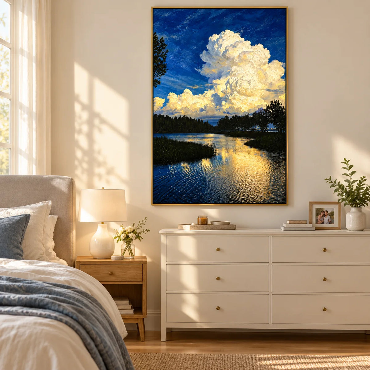 Ownanart Original Hand-Painted Blue Lake Landscape Oil Painting, Dramatic White Cloud Sky and Water Reflection Canvas Wall Art for Modern Living Room, Bedroom, Hotel and Luxury Home Decor