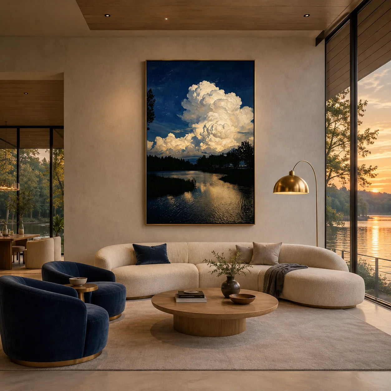 Ownanart Original Hand-Painted Blue Lake Landscape Oil Painting, Dramatic White Cloud Sky and Water Reflection Canvas Wall Art for Modern Living Room, Bedroom, Hotel and Luxury Home Decor # OA 1339