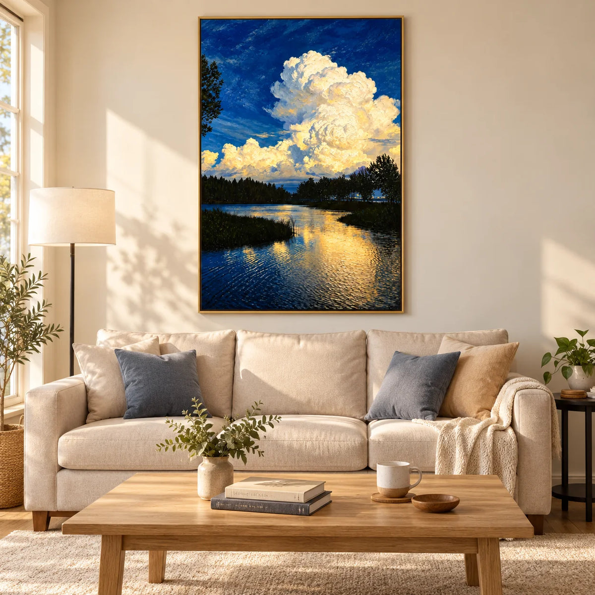 Ownanart Original Hand-Painted Blue Lake Landscape Oil Painting, Dramatic White Cloud Sky and Water Reflection Canvas Wall Art for Modern Living Room, Bedroom, Hotel and Luxury Home Decor