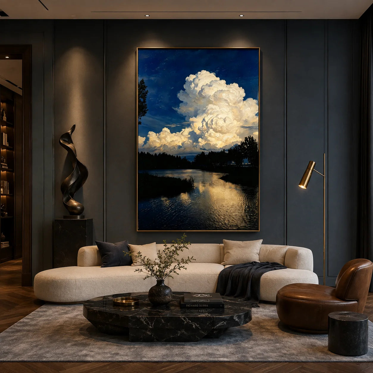 Ownanart Original Hand-Painted Blue Lake Landscape Oil Painting, Dramatic White Cloud Sky and Water Reflection Canvas Wall Art for Modern Living Room, Bedroom, Hotel and Luxury Home Decor # OA 1339