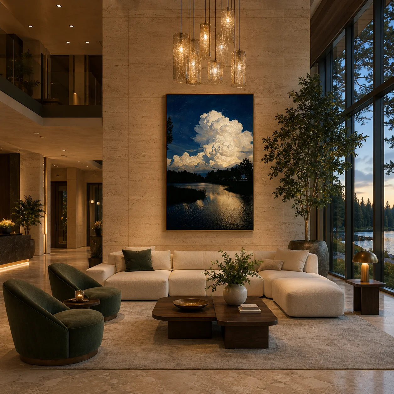 Ownanart Original Hand-Painted Blue Lake Landscape Oil Painting, Dramatic White Cloud Sky and Water Reflection Canvas Wall Art for Modern Living Room, Bedroom, Hotel and Luxury Home Decor # OA 1339
