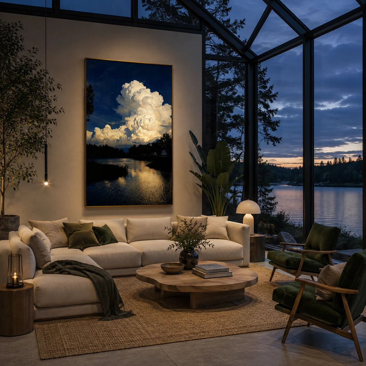 Ownanart Original Hand-Painted Blue Lake Landscape Oil Painting, Dramatic White Cloud Sky and Water Reflection Canvas Wall Art for Modern Living Room, Bedroom, Hotel and Luxury Home Decor # OA 1339