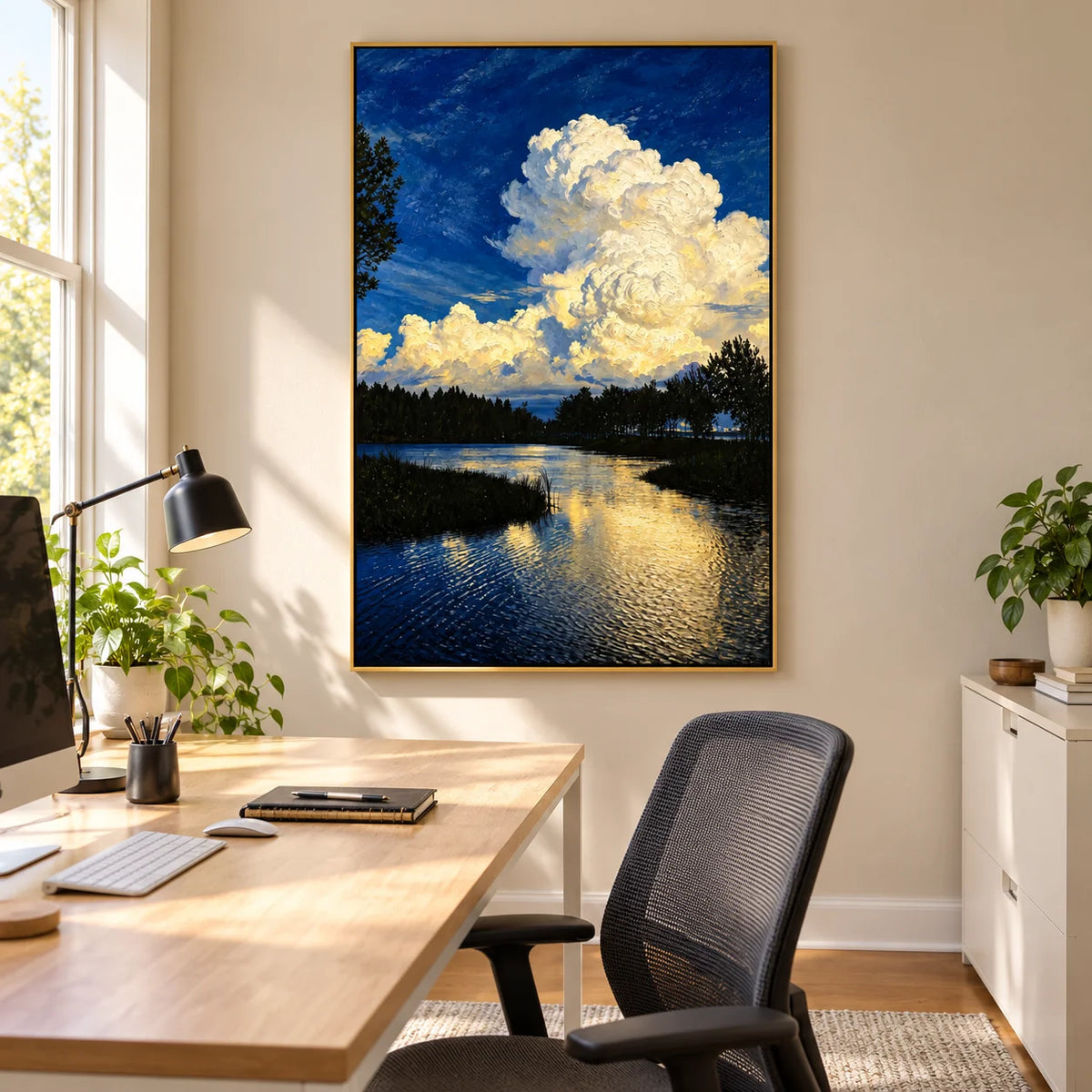 Ownanart Original Hand-Painted Blue Lake Landscape Oil Painting, Dramatic White Cloud Sky and Water Reflection Canvas Wall Art for Modern Living Room, Bedroom, Hotel and Luxury Home Decor