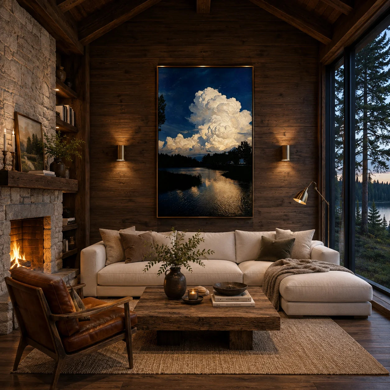 Ownanart Original Hand-Painted Blue Lake Landscape Oil Painting, Dramatic White Cloud Sky and Water Reflection Canvas Wall Art for Modern Living Room, Bedroom, Hotel and Luxury Home Decor # OA 1339