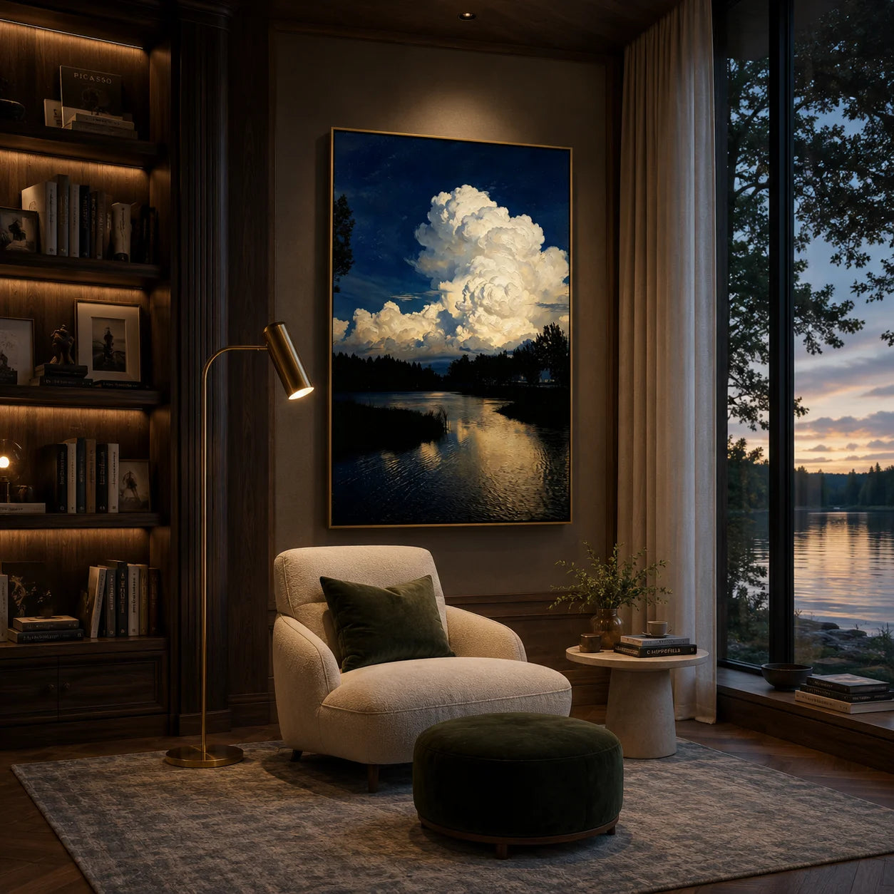 Ownanart Original Hand-Painted Blue Lake Landscape Oil Painting, Dramatic White Cloud Sky and Water Reflection Canvas Wall Art for Modern Living Room, Bedroom, Hotel and Luxury Home Decor # OA 1339