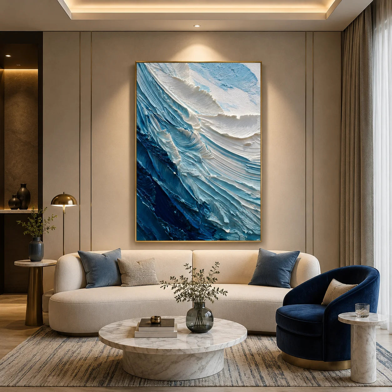 Ownanart Original Hand-Painted Blue and White Ocean Wave Textured Oil Painting, Vertical Coastal Impasto Canvas Wall Art for Modern Living Room and Bedroom Decor # OA 1222