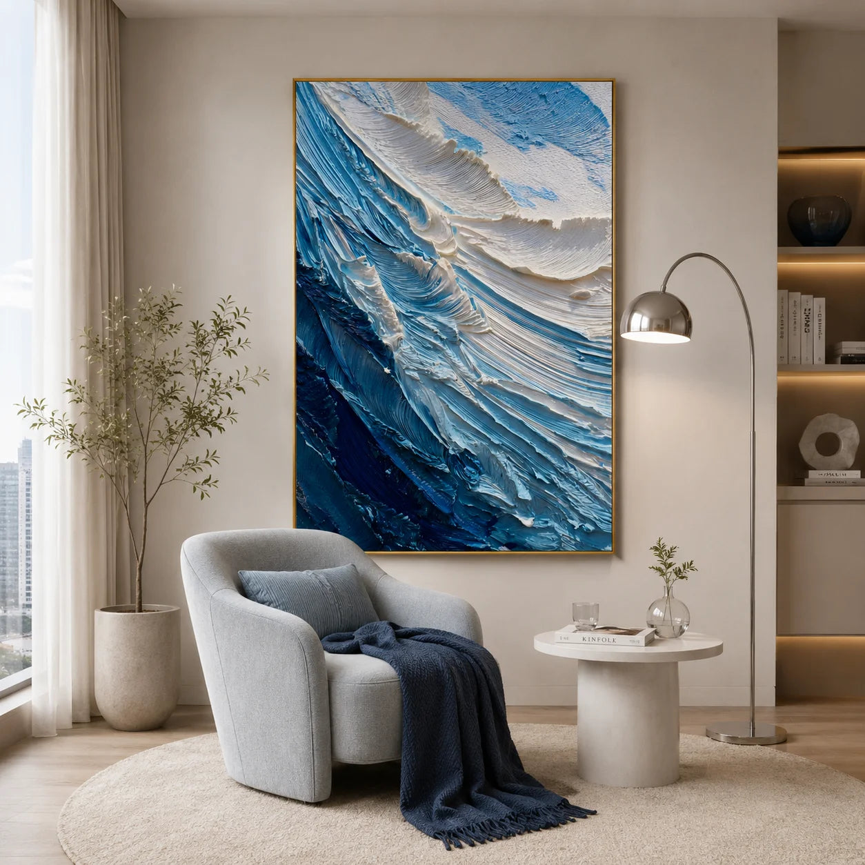 Ownanart Original Hand-Painted Blue and White Ocean Wave Textured Oil Painting, Vertical Coastal Impasto Canvas Wall Art for Modern Living Room and Bedroom Decor # OA 1222