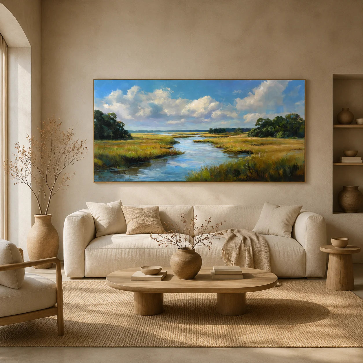 Ownanart Original Hand-Painted Coastal Marsh Landscape Oil Painting, Large Horizontal Blue Sky, River and Wetland Canvas Wall Art for Living Room and Bedroom Decor # OA 1239