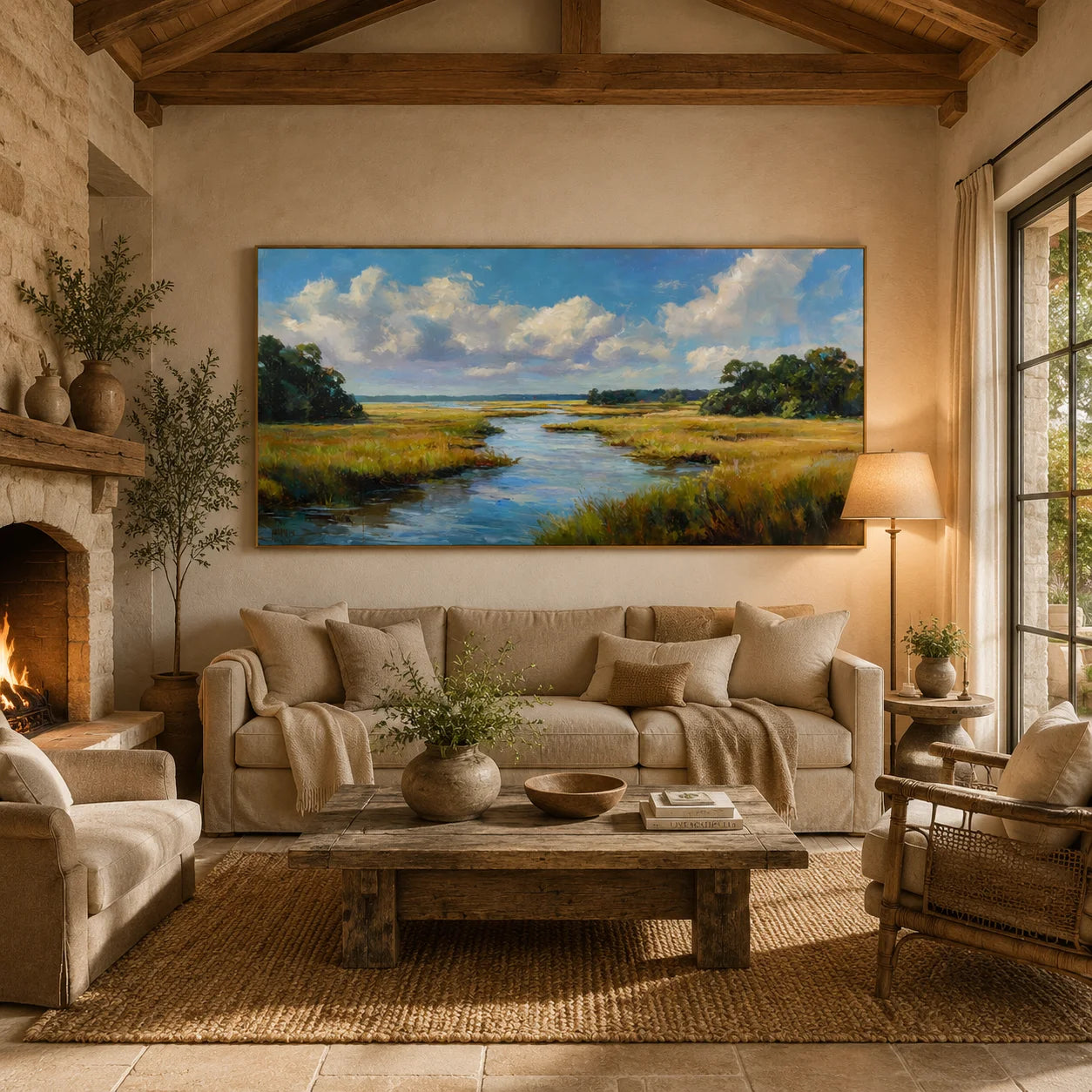 Ownanart Original Hand-Painted Coastal Marsh Landscape Oil Painting, Large Horizontal Blue Sky, River and Wetland Canvas Wall Art for Living Room and Bedroom Decor # OA 1239