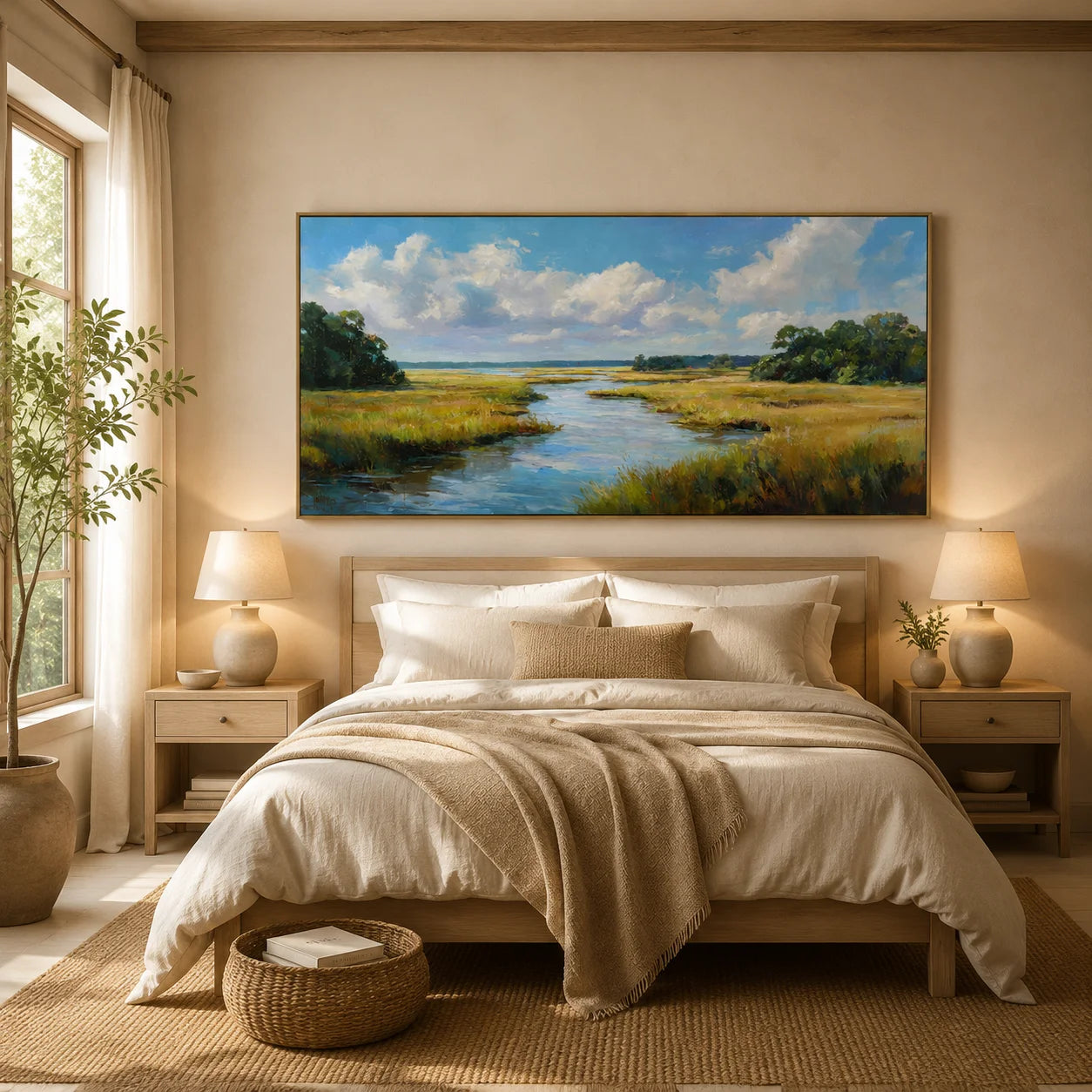 Ownanart Original Hand-Painted Coastal Marsh Landscape Oil Painting, Large Horizontal Blue Sky, River and Wetland Canvas Wall Art for Living Room and Bedroom Decor # OA 1239