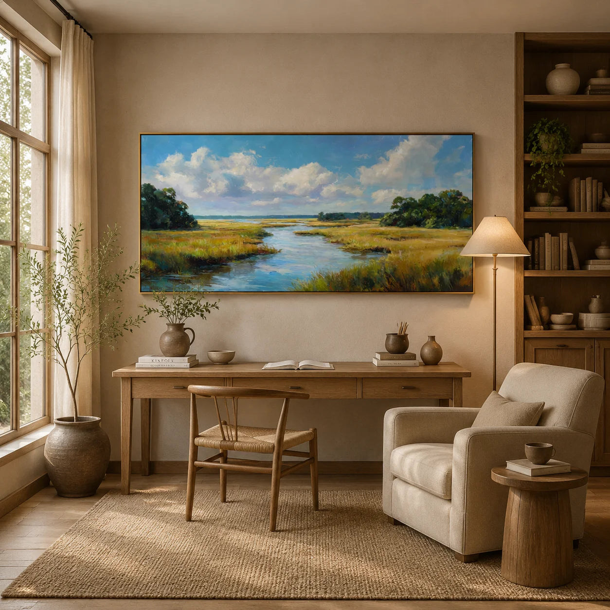 Ownanart Original Hand-Painted Coastal Marsh Landscape Oil Painting, Large Horizontal Blue Sky, River and Wetland Canvas Wall Art for Living Room and Bedroom Decor # OA 1239