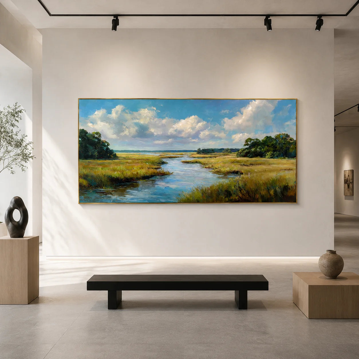 Ownanart Original Hand-Painted Coastal Marsh Landscape Oil Painting, Large Horizontal Blue Sky, River and Wetland Canvas Wall Art for Living Room and Bedroom Decor # OA 1239