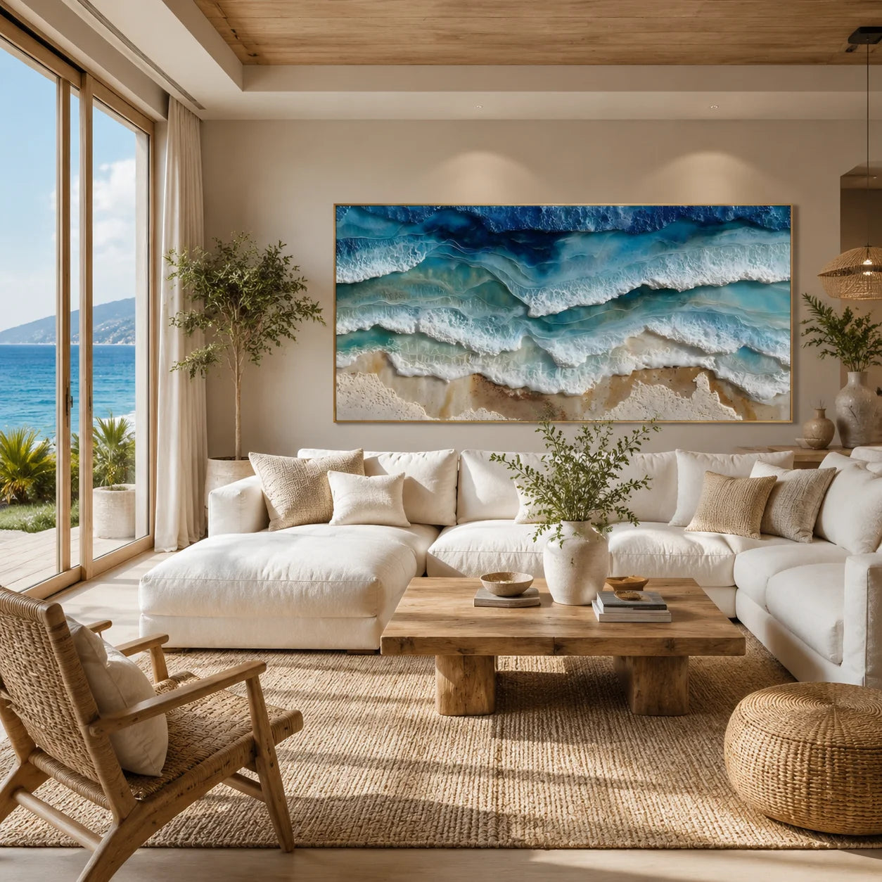 Ownanart Original Hand-Painted Coastal Ocean Wave Oil Painting, Large Horizontal Blue Seascape Textured Canvas Wall Art for Living Room, Bedroom and Beach House Decor # OA 1233