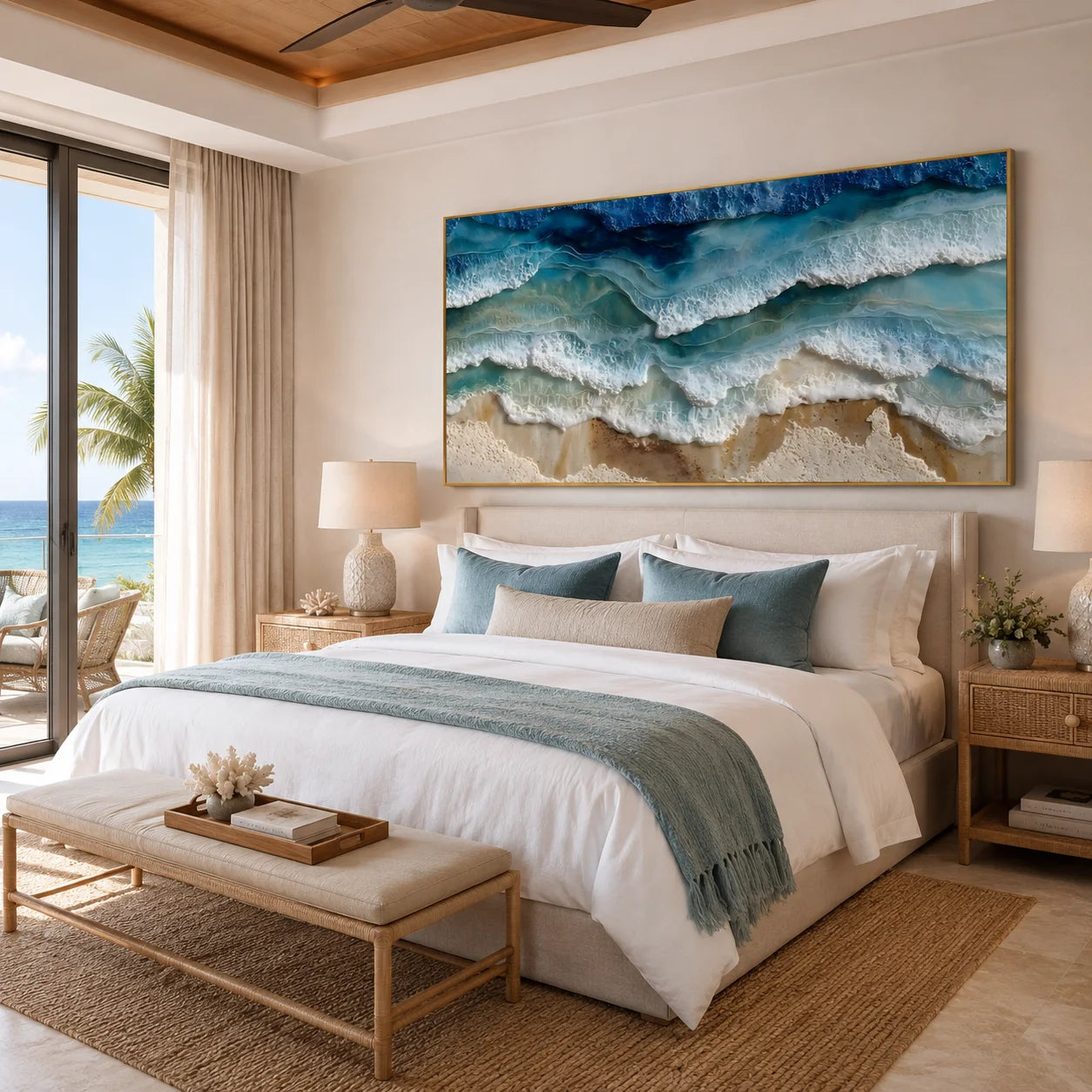 Ownanart Original Hand-Painted Coastal Ocean Wave Oil Painting, Large Horizontal Blue Seascape Textured Canvas Wall Art for Living Room, Bedroom and Beach House Decor # OA 1233