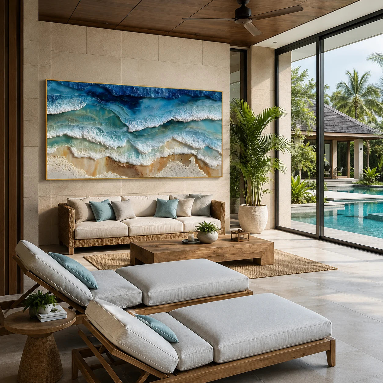 Ownanart Original Hand-Painted Coastal Ocean Wave Oil Painting, Large Horizontal Blue Seascape Textured Canvas Wall Art for Living Room, Bedroom and Beach House Decor # OA 1233