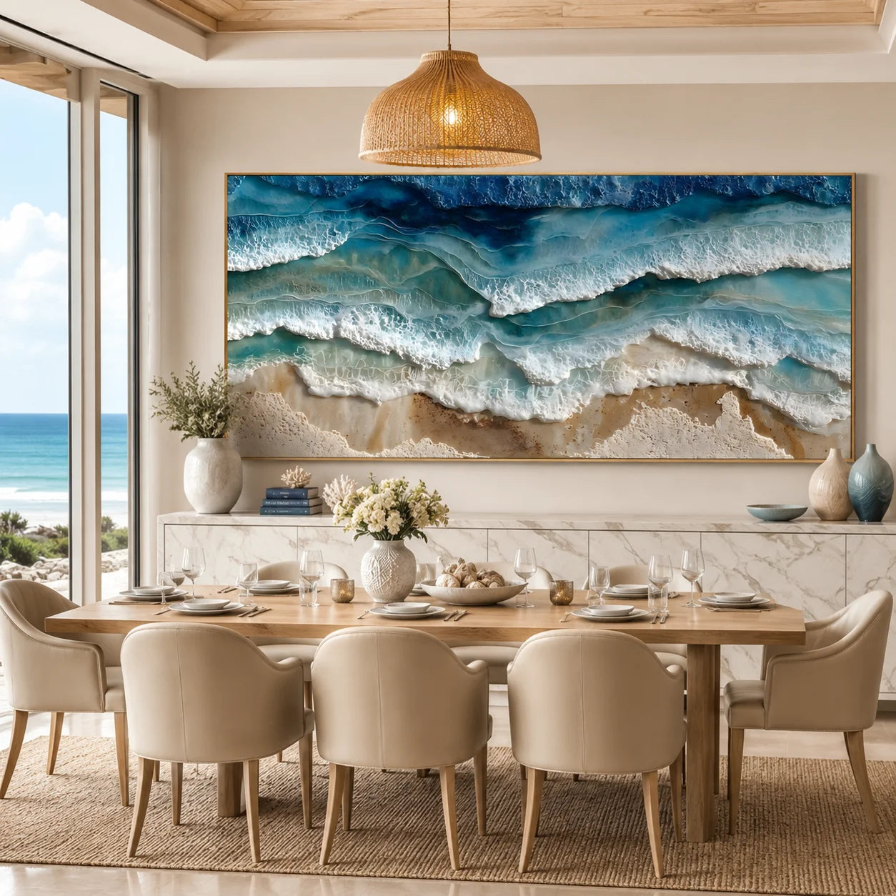 Ownanart Original Hand-Painted Coastal Ocean Wave Oil Painting, Large Horizontal Blue Seascape Textured Canvas Wall Art for Living Room, Bedroom and Beach House Decor # OA 1233