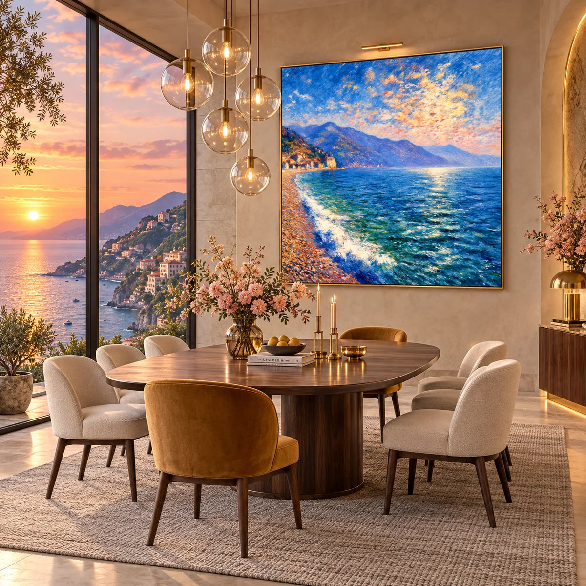 Ownanart Original Hand-Painted Coastal Seascape Oil Painting, Blue Ocean, Mountain Shoreline and Seaside Village Canvas Wall Art for Living Room, Bedroom and Coastal Home Decor # OA 1383