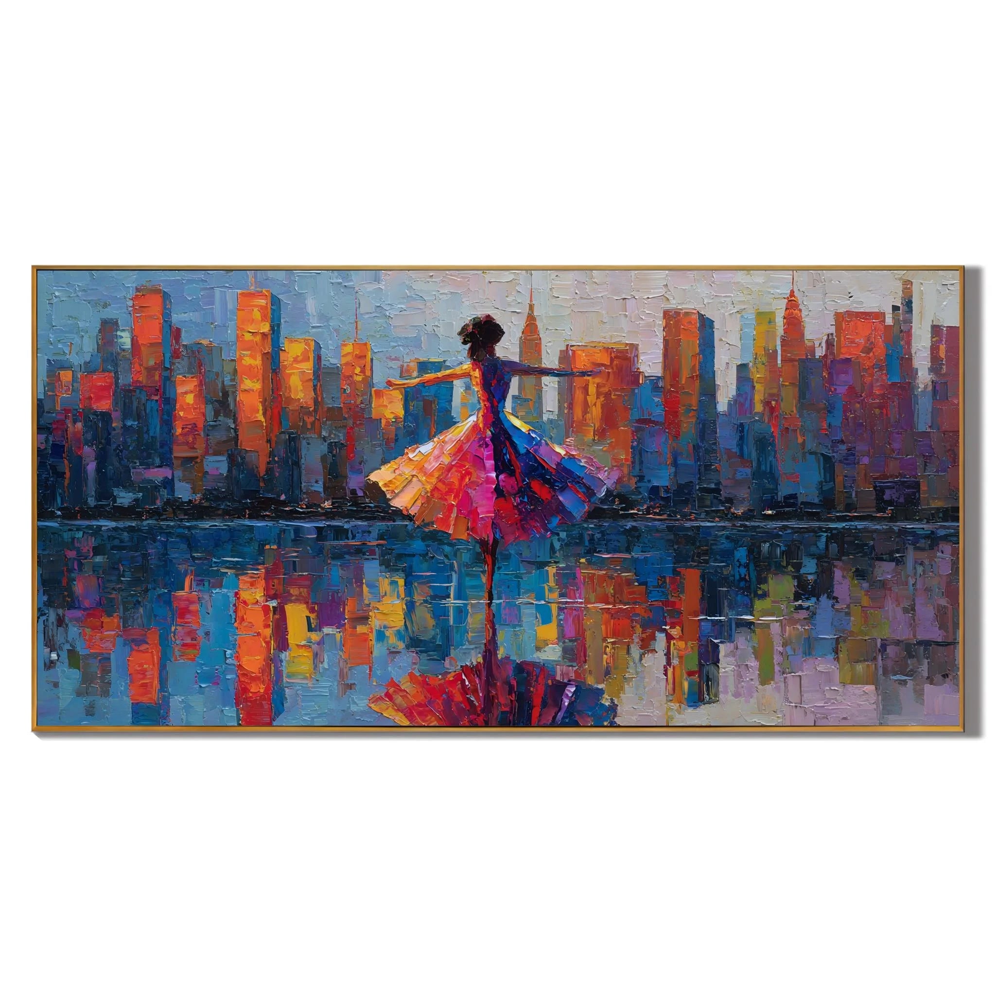 Ownanart Original Hand-Painted Colorful City Skyline and Dancing Woman Oil Painting, Large Horizontal Modern Urban Abstract Canvas Wall Art for Living Room and Bedroom Decor # OA 1236