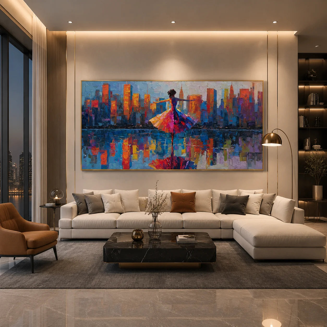 Ownanart Original Hand-Painted Colorful City Skyline and Dancing Woman Oil Painting, Large Horizontal Modern Urban Abstract Canvas Wall Art for Living Room and Bedroom Decor # OA 1236