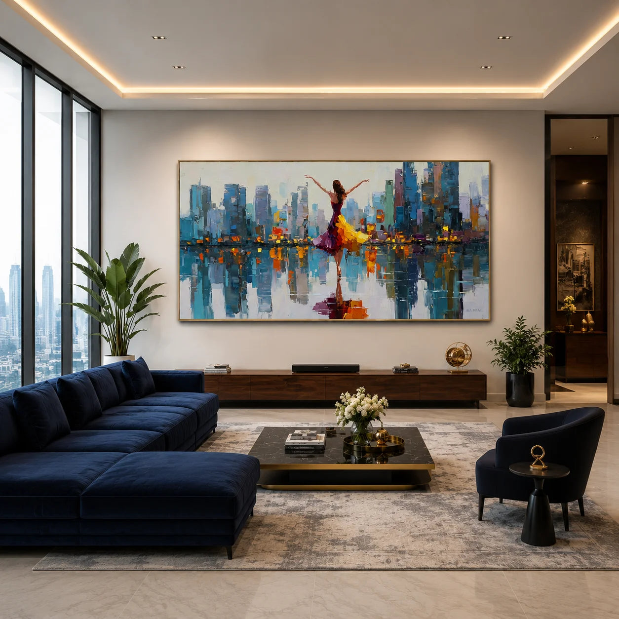 Ownanart Original Hand-Painted Colorful City Skyline and Elegant Dancing Woman Oil Painting, Large Horizontal Modern Urban Canvas Wall Art for Living Room, Bedroom and Contemporary Home Decor # OA 1240