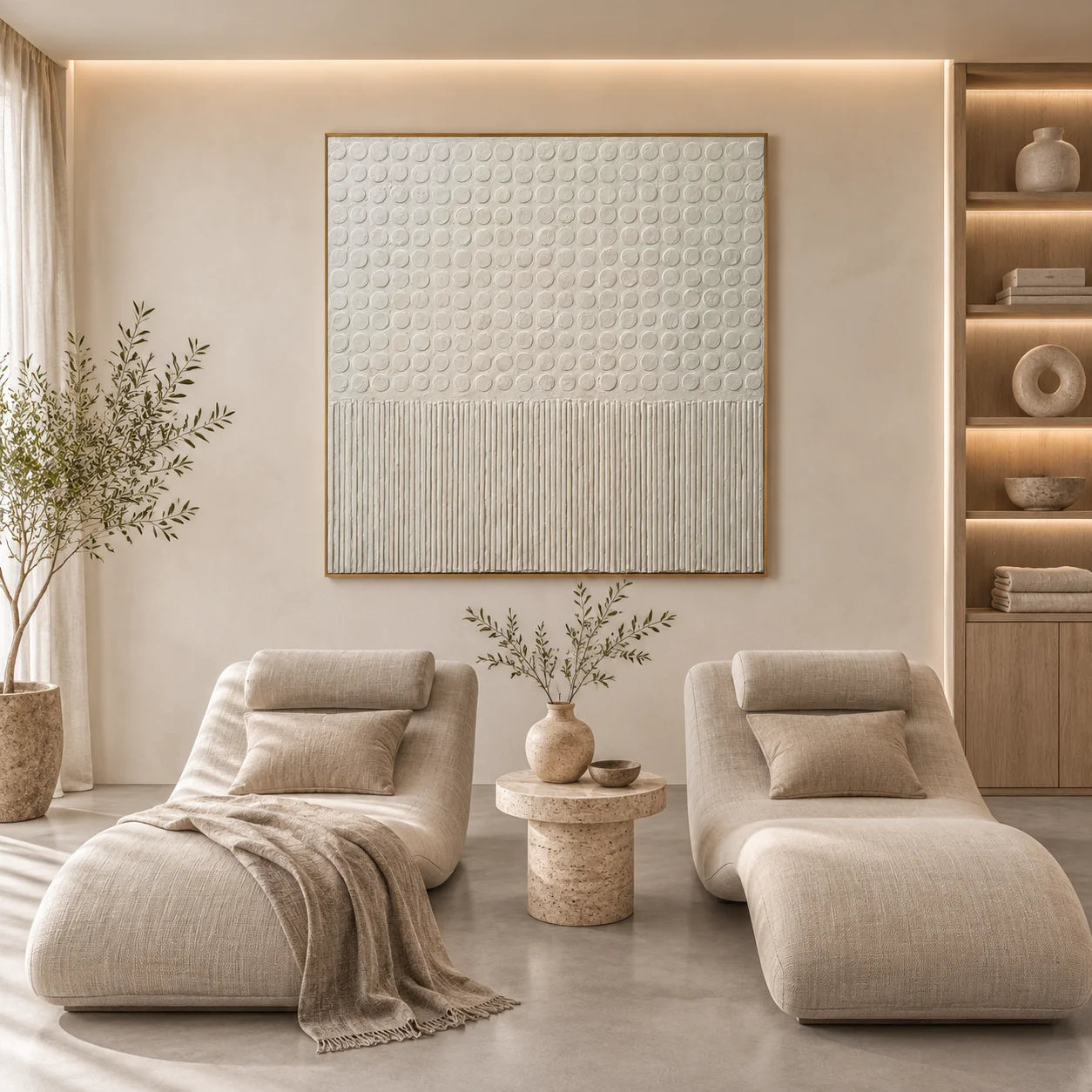 Ownanart Original Hand-Painted Cream White Geometric Textured Oil Painting, Minimalist Raised Dots and Vertical Lines Abstract Wall Art for Modern Home Decor # OA 1271