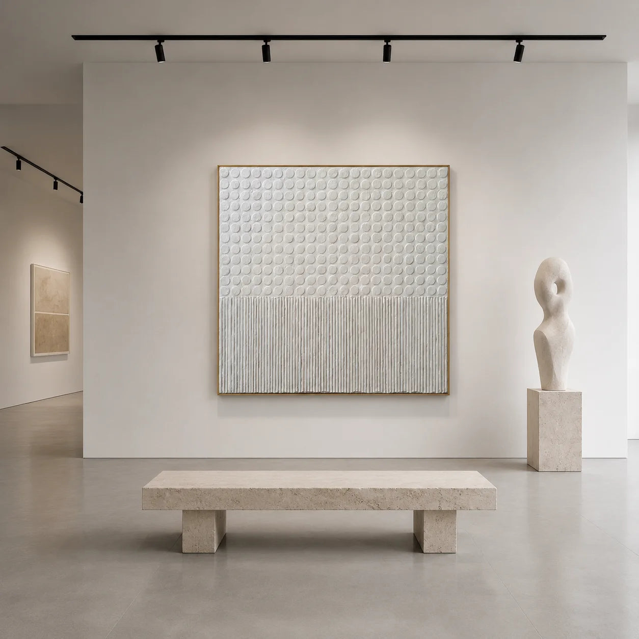 Ownanart Original Hand-Painted Cream White Geometric Textured Oil Painting, Minimalist Raised Dots and Vertical Lines Abstract Wall Art for Modern Home Decor # OA 1271