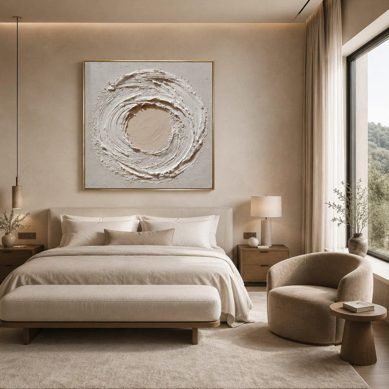 Ownanart Original Hand-Painted Cream White Textured Abstract Oil Painting, Modern Minimalist Circular Swirl Impasto Wall Art for Living Room, Bedroom, and Entryway Decor # OA 1270