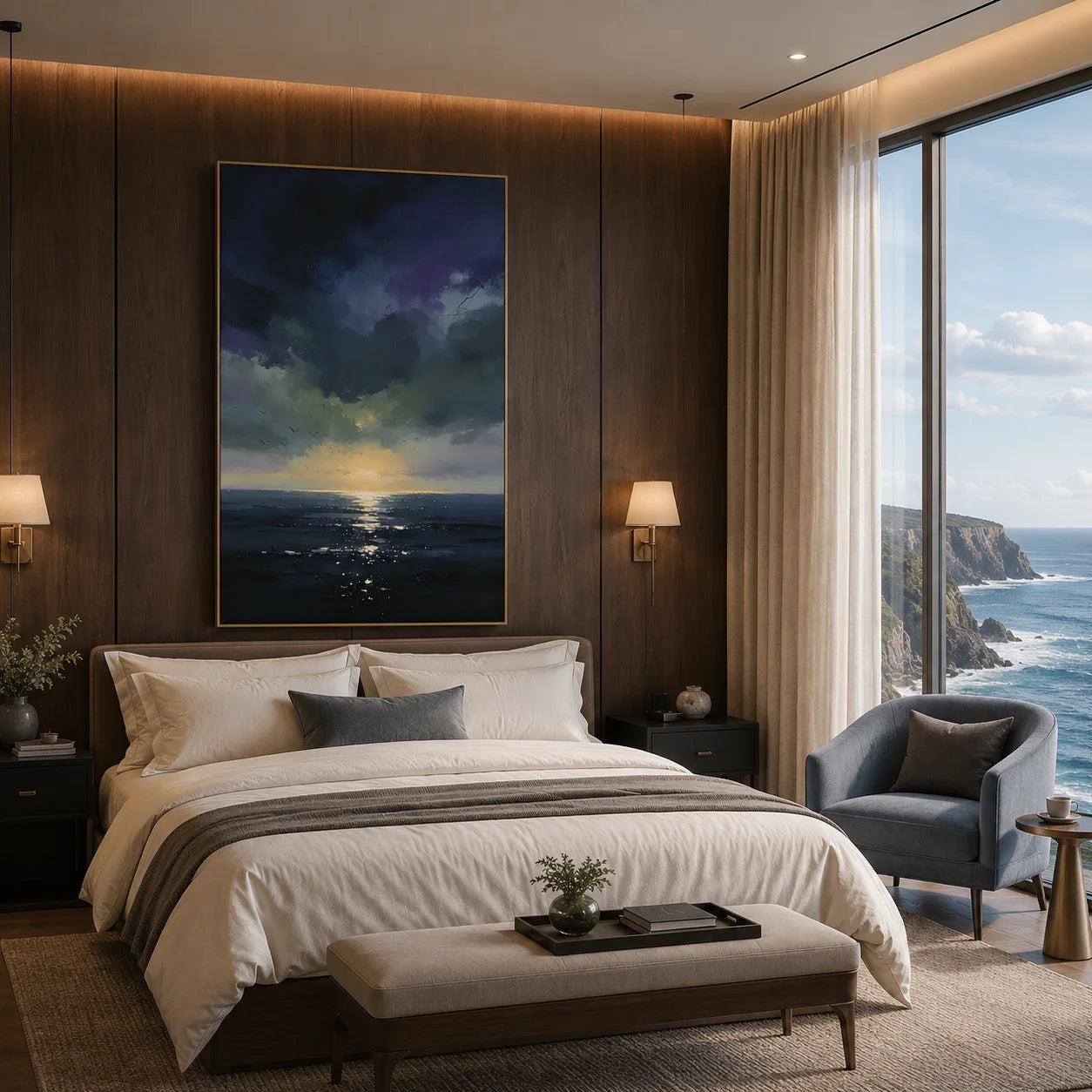 Ownanart Original Hand-Painted Dark Blue Ocean Sunset Oil Painting – Modern Impressionist Seascape Wall Art with Dramatic Clouds & Golden Horizon Light # OA 1336