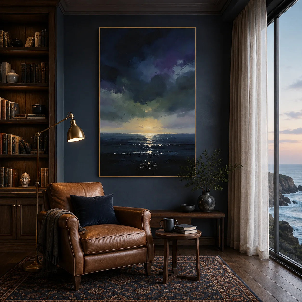 Ownanart Original Hand-Painted Dark Blue Ocean Sunset Oil Painting – Modern Impressionist Seascape Wall Art with Dramatic Clouds & Golden Horizon Light # OA 1336