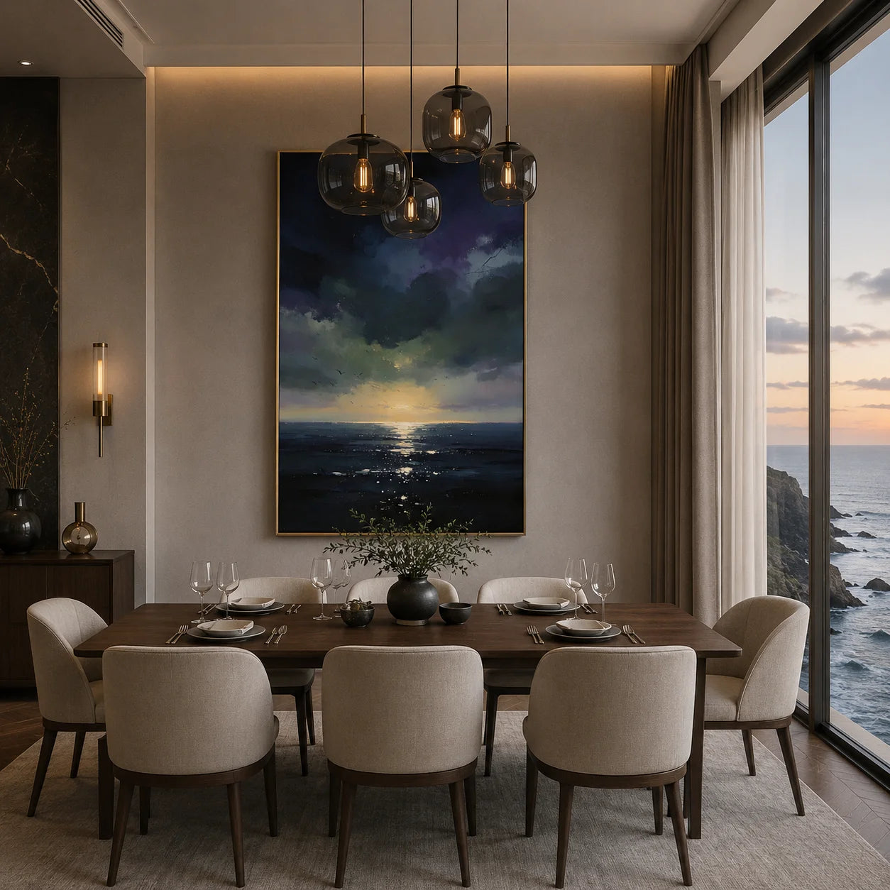 Ownanart Original Hand-Painted Dark Blue Ocean Sunset Oil Painting – Modern Impressionist Seascape Wall Art with Dramatic Clouds & Golden Horizon Light # OA 1336