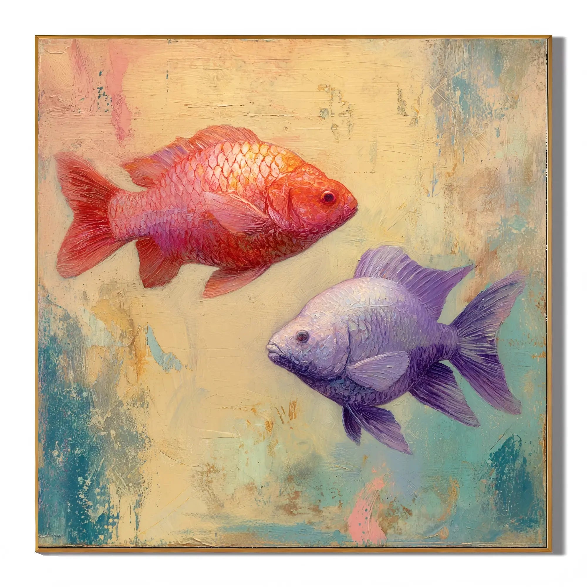 Ownanart Original Hand-Painted Double Fish Oil Painting, Red Koi and Purple Goldfish Modern Abstract Wall Art for Living Room, Bedroom, and Kids Room Decor # OA 1257