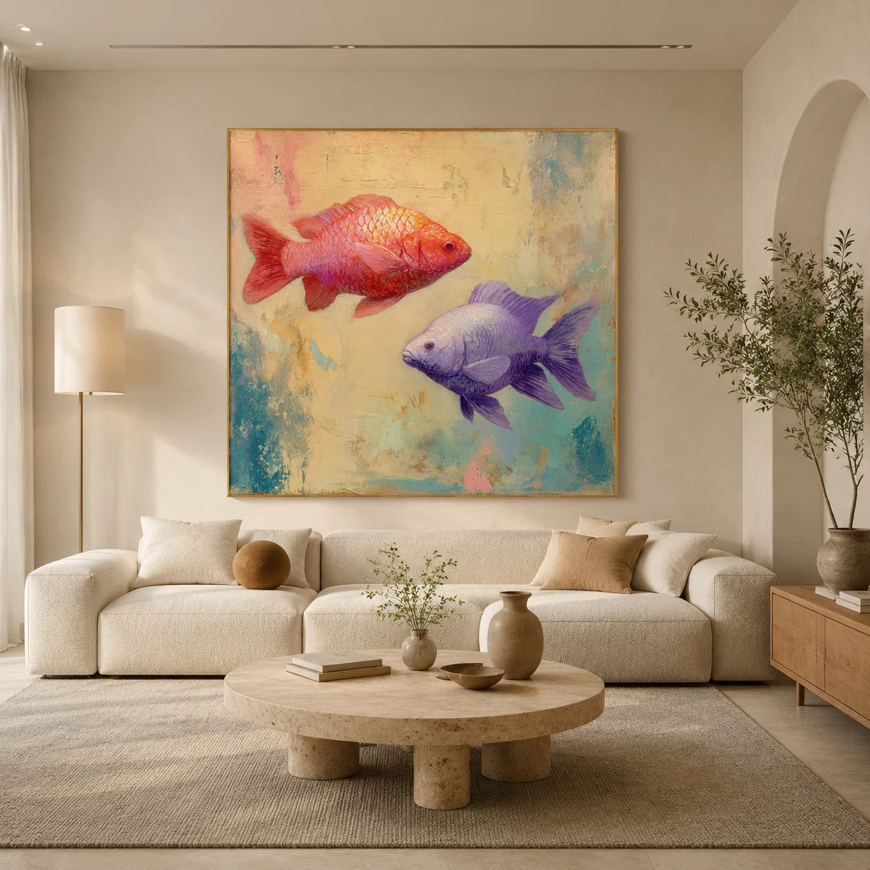 Ownanart Original Hand-Painted Double Fish Oil Painting, Red Koi and Purple Goldfish Modern Abstract Wall Art for Living Room, Bedroom, and Kids Room Decor # OA 1257