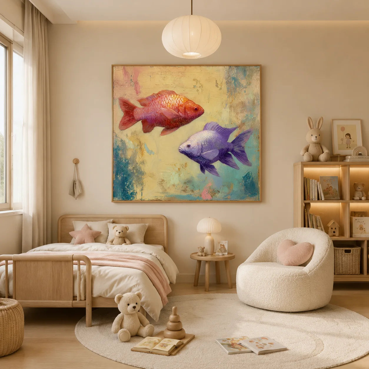 Ownanart Original Hand-Painted Double Fish Oil Painting, Red Koi and Purple Goldfish Modern Abstract Wall Art for Living Room, Bedroom, and Kids Room Decor # OA 1257