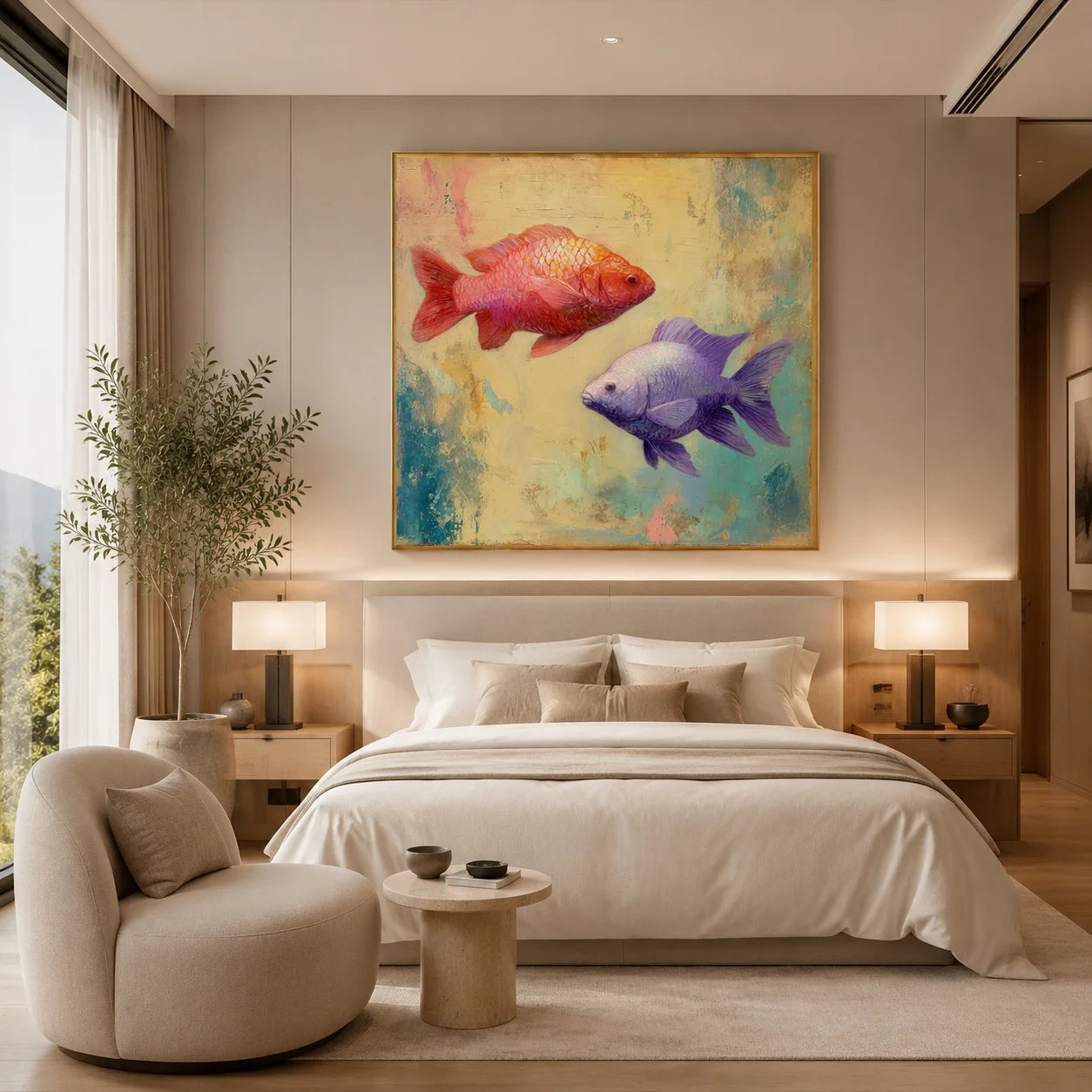 Ownanart Original Hand-Painted Double Fish Oil Painting, Red Koi and Purple Goldfish Modern Abstract Wall Art for Living Room, Bedroom, and Kids Room Decor # OA 1257