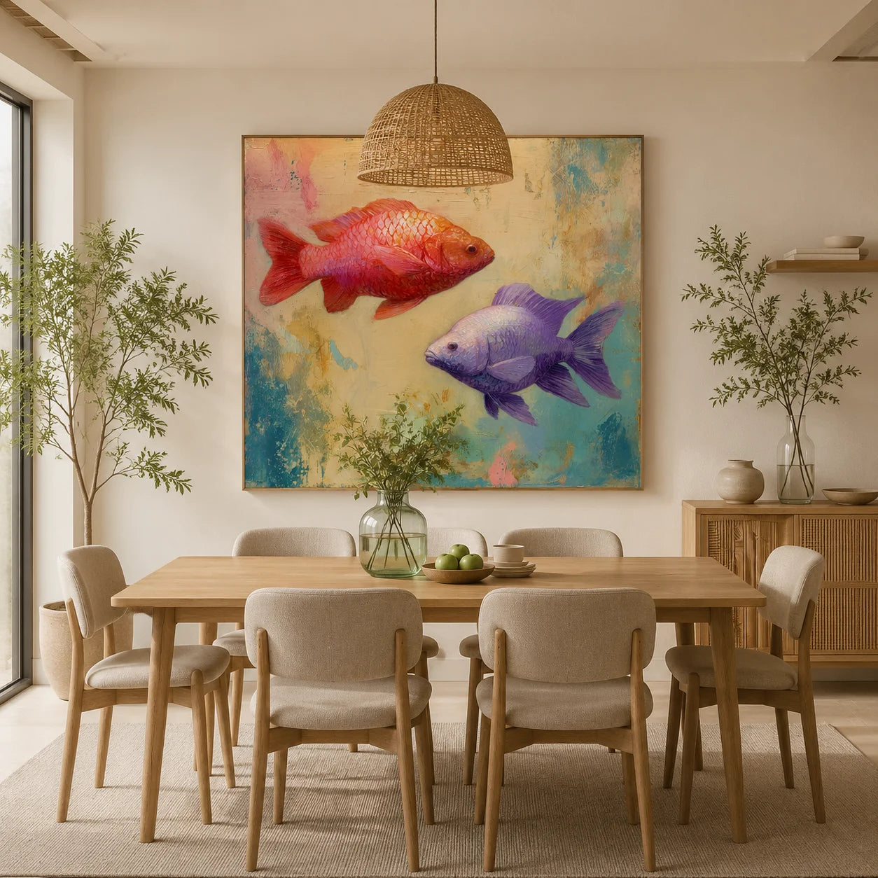 Ownanart Original Hand-Painted Double Fish Oil Painting, Red Koi and Purple Goldfish Modern Abstract Wall Art for Living Room, Bedroom, and Kids Room Decor # OA 1257
