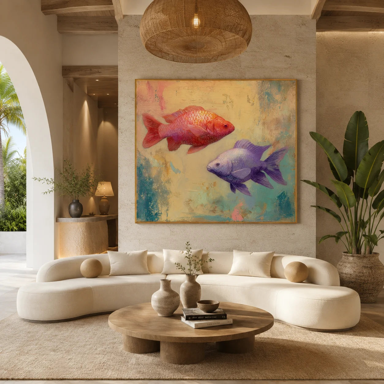 Ownanart Original Hand-Painted Double Fish Oil Painting, Red Koi and Purple Goldfish Modern Abstract Wall Art for Living Room, Bedroom, and Kids Room Decor # OA 1257