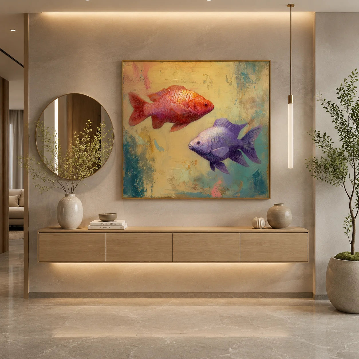 Ownanart Original Hand-Painted Double Fish Oil Painting, Red Koi and Purple Goldfish Modern Abstract Wall Art for Living Room, Bedroom, and Kids Room Decor # OA 1257