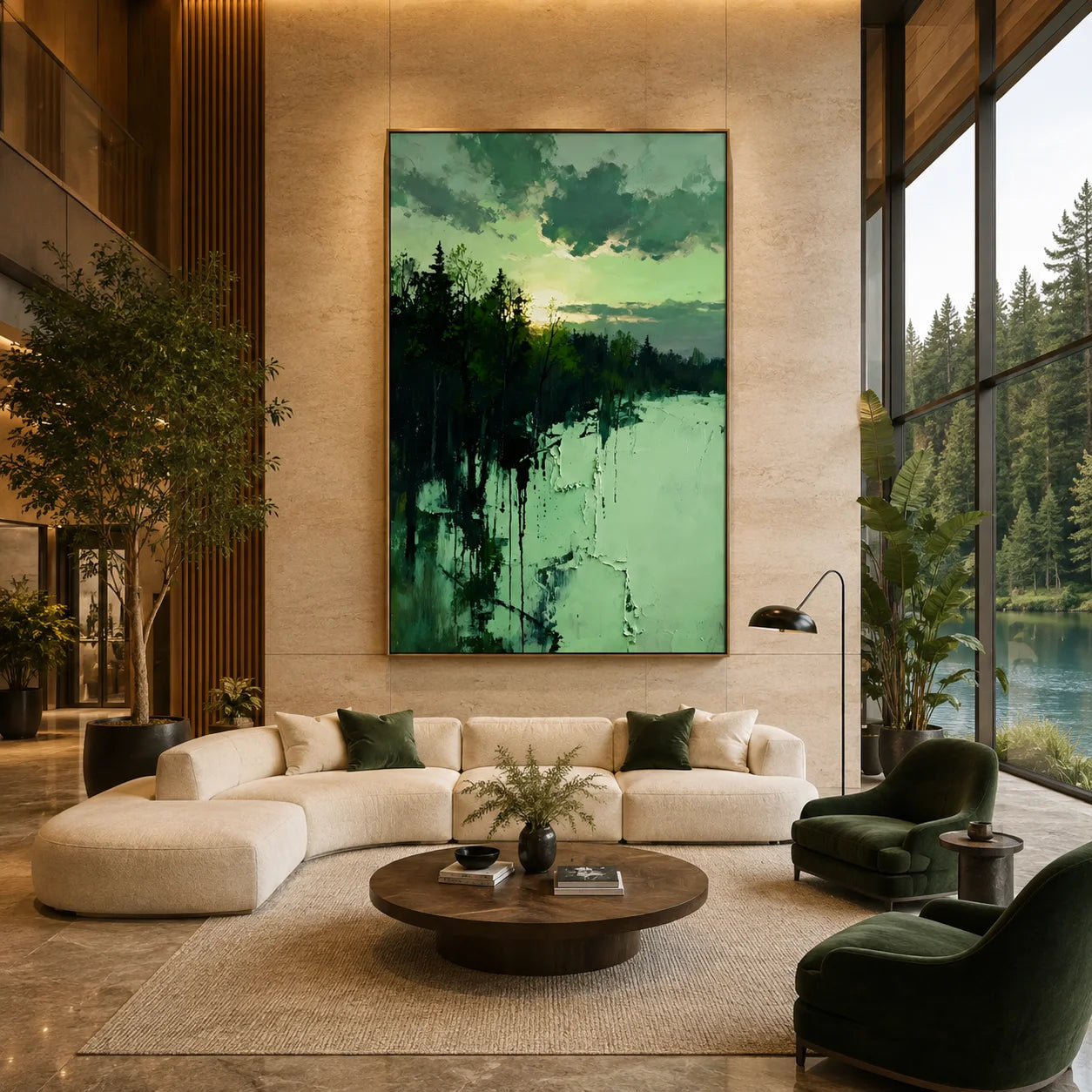 Ownanart Original Hand-Painted Forest Lake Landscape Oil Painting – Blue Green Winter Snow Scene, Sunset Sky & Woodland Reflection Textured Wall Art for Modern Living Room, Bedroom and Hotel Decor # OA 1359