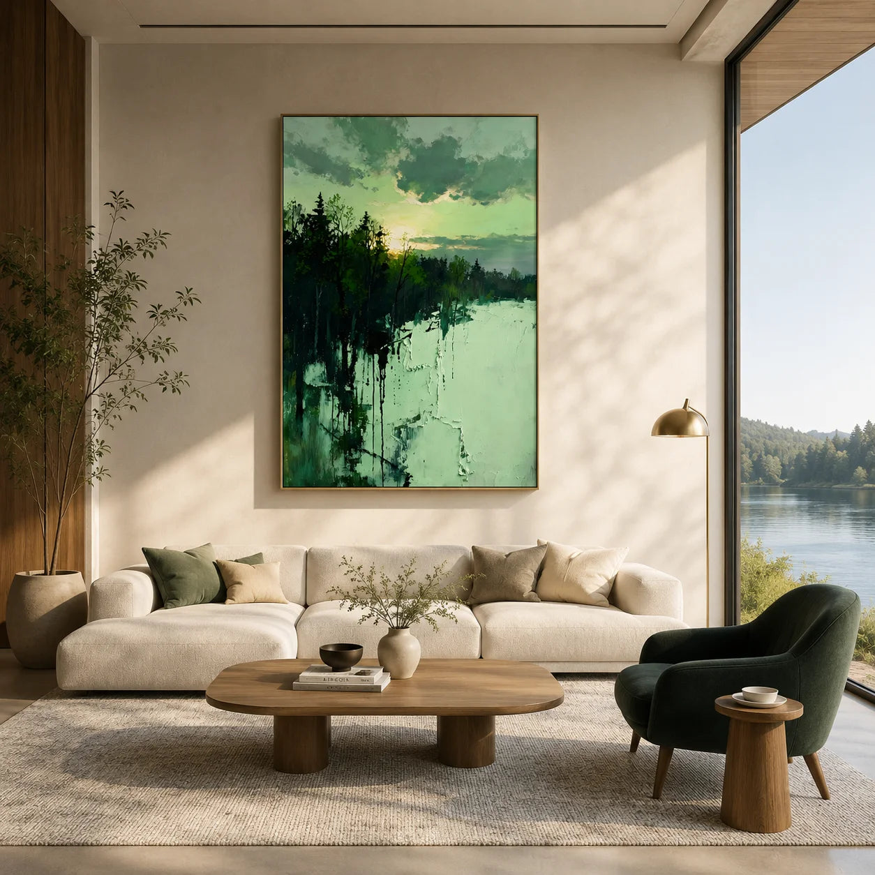 Ownanart Original Hand-Painted Forest Lake Landscape Oil Painting – Blue Green Winter Snow Scene, Sunset Sky & Woodland Reflection Textured Wall Art for Modern Living Room, Bedroom and Hotel Decor # OA 1359