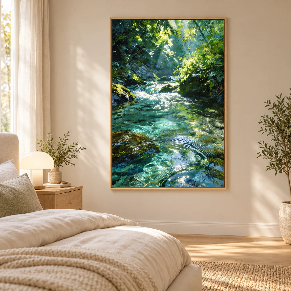 Ownanart Original Hand-Painted Forest Stream Landscape Oil Painting | Sunlit Woodland River Nature Artwork | Green Forest Water Scenery Wall Art for Home Decor
