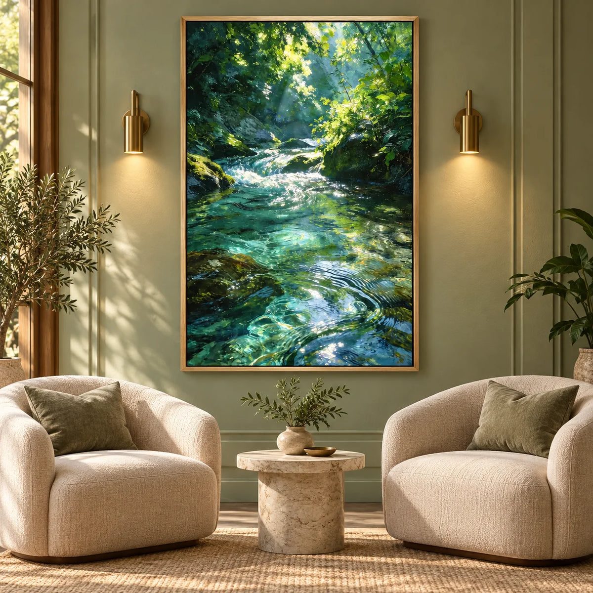 Ownanart Original Hand-Painted Forest Stream Landscape Oil Painting | Sunlit Woodland River Nature Artwork | Green Forest Water Scenery Wall Art for Home Decor