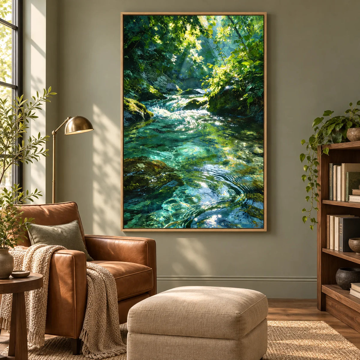 Ownanart Original Hand-Painted Forest Stream Landscape Oil Painting | Sunlit Woodland River Nature Artwork | Green Forest Water Scenery Wall Art for Home Decor