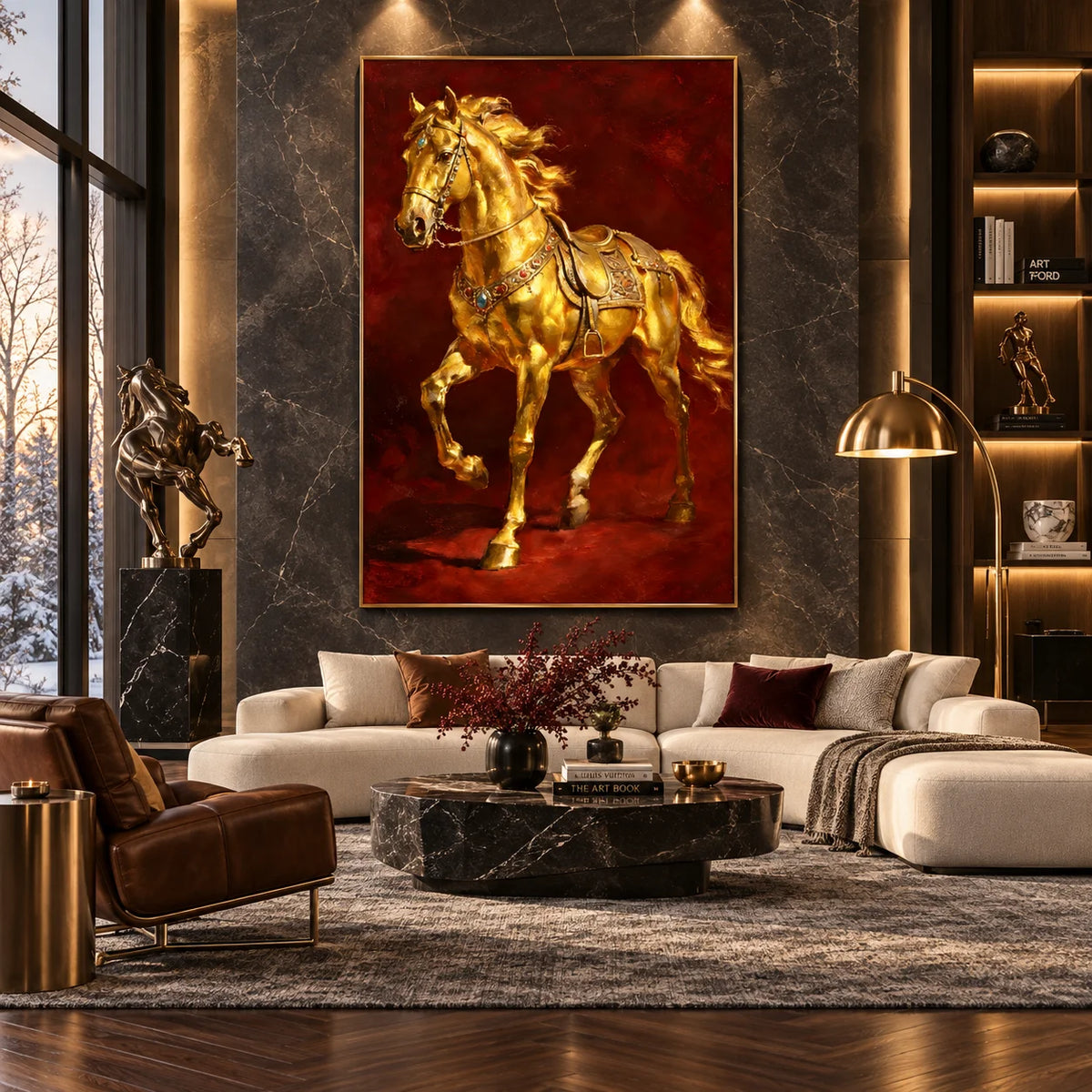 Ownanart Original Hand-Painted Golden Horse Oil Painting, Luxury Equestrian Wall Art with Rich Red Background for Living Room, Office & Elegant Home Decor # OA 1385